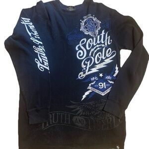SOUTHPOLE Shirt Mens XL Black White Waffle Knit Thermal Grunge Spellout Y2K EUC